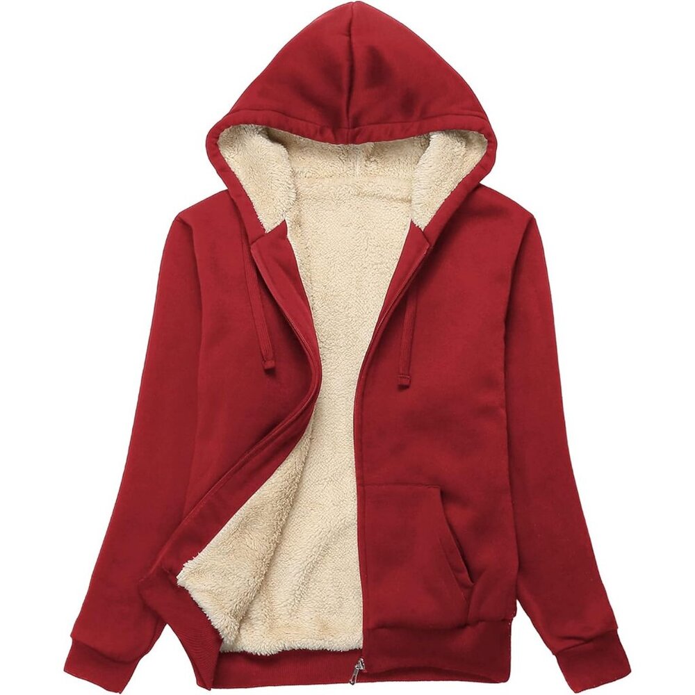 Women's Wine Red Hoodies Jacket Coat Winter Sweatshirt Fleece Lined Zip Up Thick